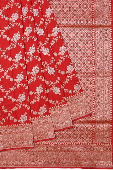Red Banaras Katan Saree with Diamond Butta and Floral Jaal
