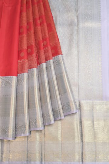 Red Kanchipuram Silk Saree with Lavender & Gold Zari Accents