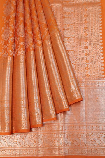 Orange Kanchipuram Silk Saree with Silver Zari Floral Jaal